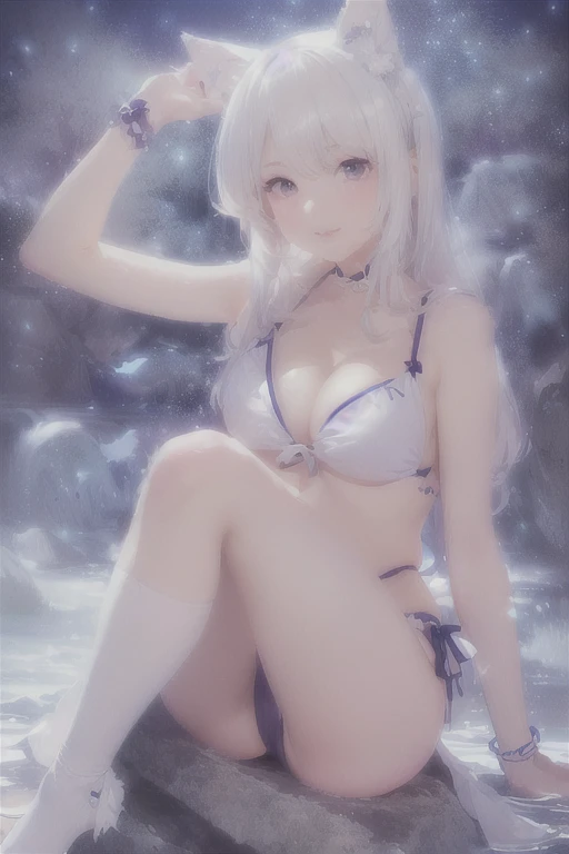 There is a woman in a bikini sitting on a rock, Gweitz, Perfect white hair girl, Enchanting anime girl, artwork in the style of Gweitz, Beautiful Anime Girls, Anime Style. 8k, Beautiful and attractive anime woman, Gweitz on pixiv artstation, Gweitz on arts...