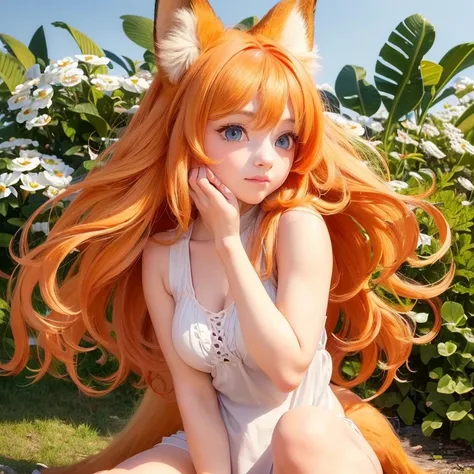 (best quality,4k,8k,highres,masterpiece:1.2),ultra-detailed,(realistic,photorealistic,photo-realistic:1.37),cute,solo girl with orange long wavy hair,blue eyes,fox ears,fluffy fox tail,summer time in Japan,beautiful garden scenery,lush greenery,colorful