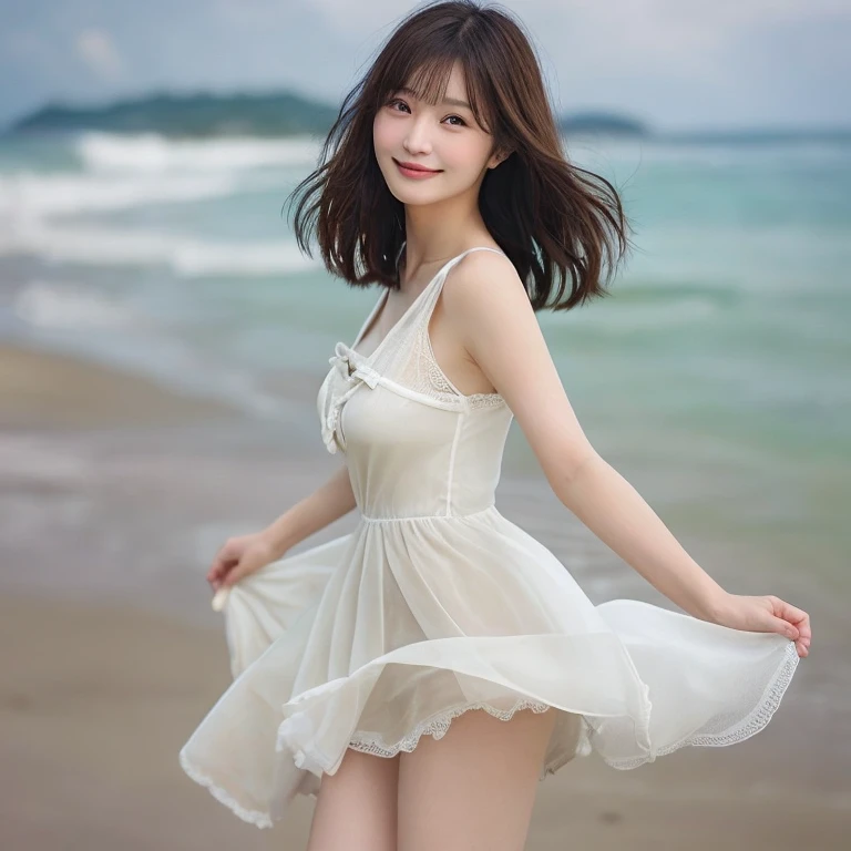 Photo-realistic quality、A shallow, deserted sandy beach、A fifty-year-old Japanese woman wearing a white dress at the beach, Beautiful legs sticking out from the dress、Beautiful girl model, Japanese Model, Slim idol、Slightly larger breasts、Beautiful model w...