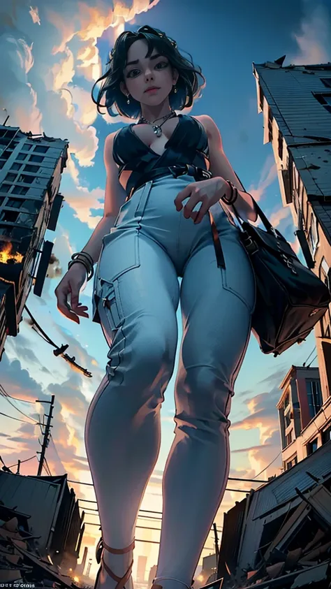 (16k, High resolution, highest quality, masterpiece, 超High resolution), ((Giantess Elements, From ↓)), Perfect dynamic composition:1.2, (Modern city at night), Highly detailed skin and facial textures:1.2, (Towering Giant Young Woman:1.0, Higher than skysc...