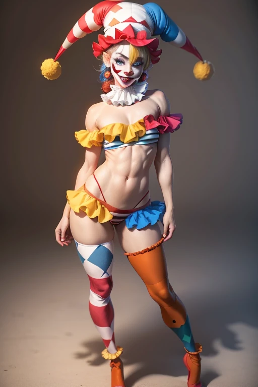 A full body photo shows a woman, harlequin hat, clown makeup, red clown nose, blue eyes, muscular body, clown,🤡,small shoulder, slim waist, wide hips, thick legs wearing a colorful top and red panties, back view