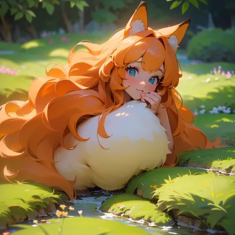 (best quality,4k,8k,highres,masterpiece:1.2),ultra-detailed,(realistic,photorealistic,photo-realistic:1.37),cute,solo girl with orange long wavy hair,blue eyes,fox ears,fluffy fox tail,summer time in Japan,beautiful garden scenery,lush greenery,colorful