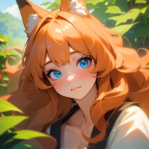 (best quality,4k,8k,highres,masterpiece:1.2),ultra-detailed,(realistic,photorealistic,photo-realistic:1.37),cute,solo girl with orange long wavy hair,blue eyes,fox ears,fluffy fox tail,summer time in Japan,beautiful garden scenery,lush greenery,colorful