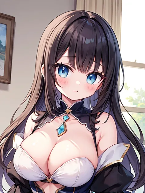 (masterpiece:1.4), (highest quality:1.4),Cute beautiful girl、Cute beautiful eyes、 (Perfect Face)、very cute、Large Breasts、A torn dress exposing her breasts、Large areola