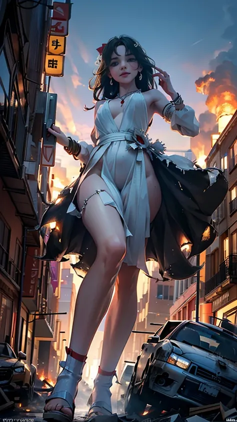 (16k, High resolution, highest quality, masterpiece, 超High resolution), ((Giantess Elements, From below)), Perfect dynamic composition:1.2, (Modern city at night), Highly detailed skin and facial textures:1.2, (Towering Giant Young Woman:1.0, Higher than s...