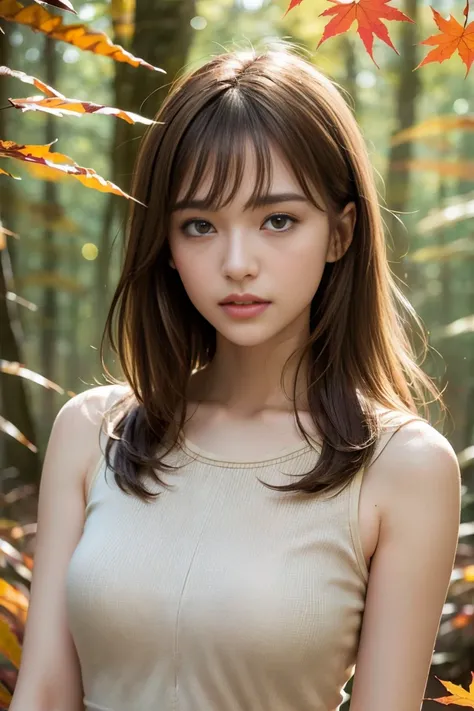 ((((Whole body 1.4)))),1 Female, Light brown hair, Blunt bangs, Hair behind the ear, Hair that falls over the shoulders, Long Hair, Slim figure, Ultra Fine Face, Thin face, Delicate lips, Beautiful Eyes, Light blush, eyes are light brown, Perfect glowing s...