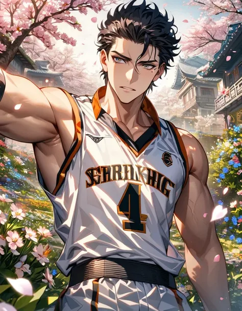 Ultra detailed, Highres, HDR, absurdres, Diarmuid Ua Duibhne, black hair, expressive golden eyes, patterns, Fate Grand Order, sexy man, handsome, solo, extremely detailed face and eyes, petals, blossoms, spring, master piece, white basketball uniform, mole...