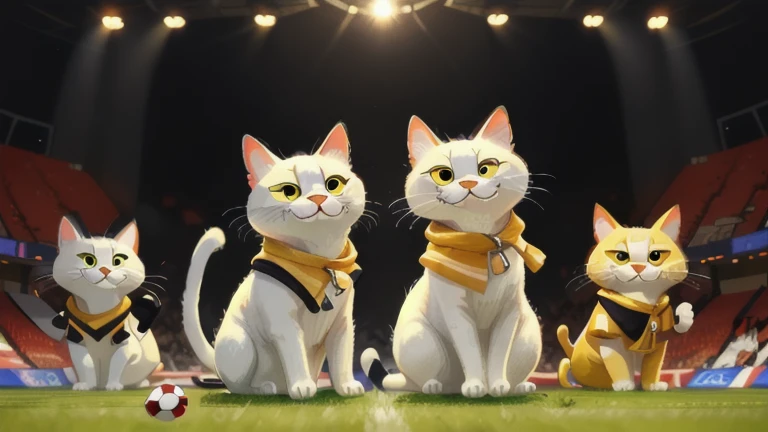 a smiling white cats wearing black-yellow strip kit jersey play football in a club at the field stadium with manny supporter