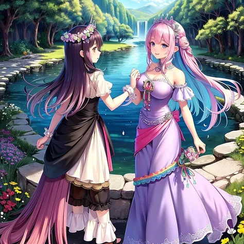 Highest quality,A colorful fantasy world,Two beautiful women walking hand in hand,Ai Fukuhara,Pink Dress,long hair of dark purple color,Flower crown,Large breasts,Rainbow Road,Iridescent tree々,A sparkling river flows,A unicorn is running around in the back...