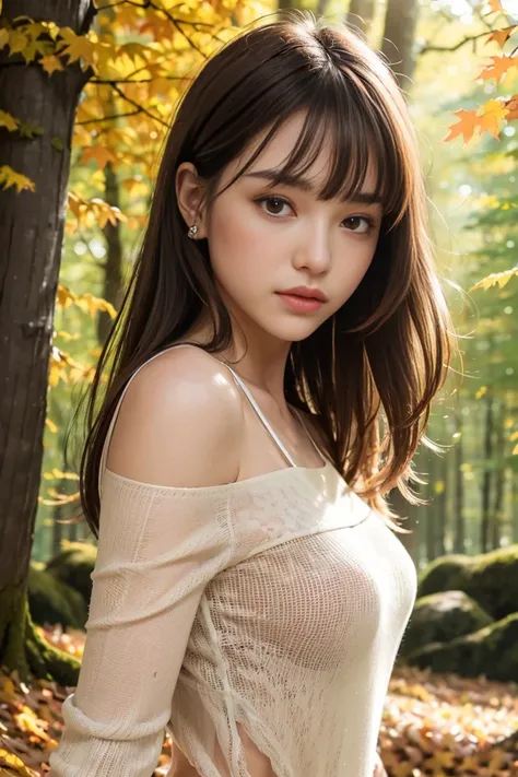 ((((Whole body 1.4)))),1 Female, Light brown hair, Blunt bangs, Hair behind the ear, Hair that falls over the shoulders, Long Hair, Slim figure, Ultra Fine Face, Thin face, Delicate lips, Beautiful Eyes, Light blush, eyes are light brown, Perfect glowing s...