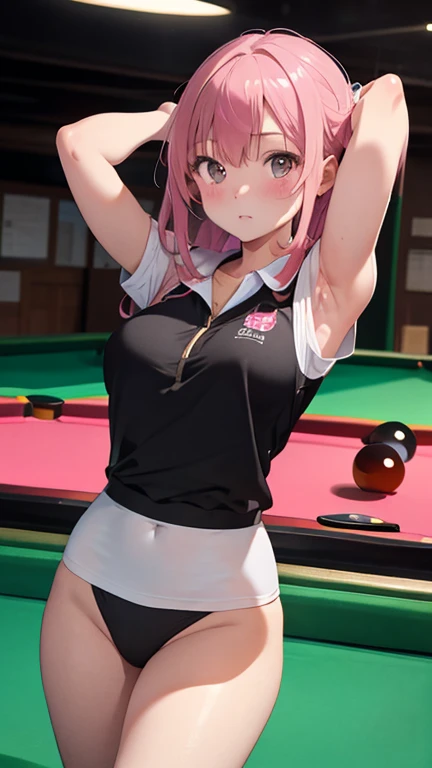 masterpiece、highest quality、Very detailed、Photograph the upper body、1 female、(Put your arms behind your back:1.2)、Are standing、Turn your body forward、View your viewers、(billiard uniform)、blush、shy、Pink Hair、Open your mouth、(Pool hall:0.8)、Big Breasts、