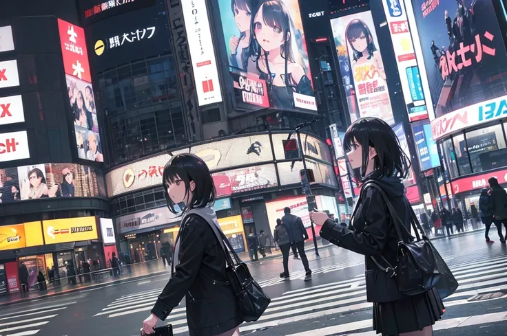 Shibuya scramble crossing,((photo taken from a camera placed on ground)),
(low-angle),
beautiful lighting, dynamic angle, photographic portrait, sharp,