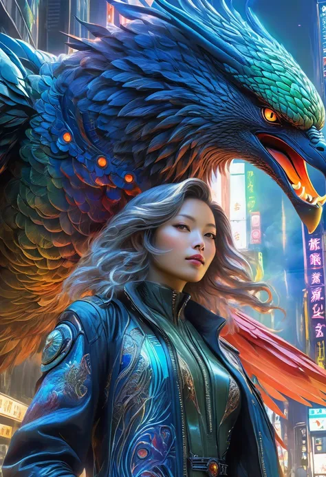 (best quality,4k,highres),(realistic,photorealistic:1.37),(Yoshitaka Amano style:1.1) A woman and her guardian familiar, mystical creature,otherworldly creature, kaiju-like,enchanting companions,wearing stylish futuristic clothes,inspired by Phantasy Star ...