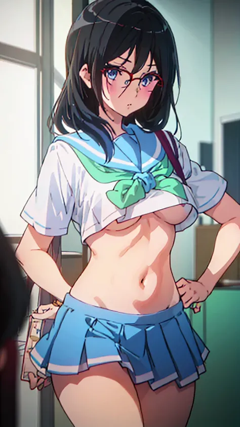 asuka tanaka, belly, stomach, navel, perfect face, detailed, 8k, masterpiece, (ultra high quality), sailor uniform, mini skirt, big breast