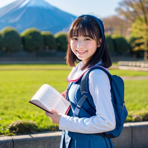 best quality, masterpiece,
outdoors, 

a high school girl with a book and a schoolbag,
wearing a long-sleeved Japanese mitakihara , 
smile, cute, face fully visible, serafuku,


Background,

blue Morning glory, 
(only one large and big mount Fuji:1.2)