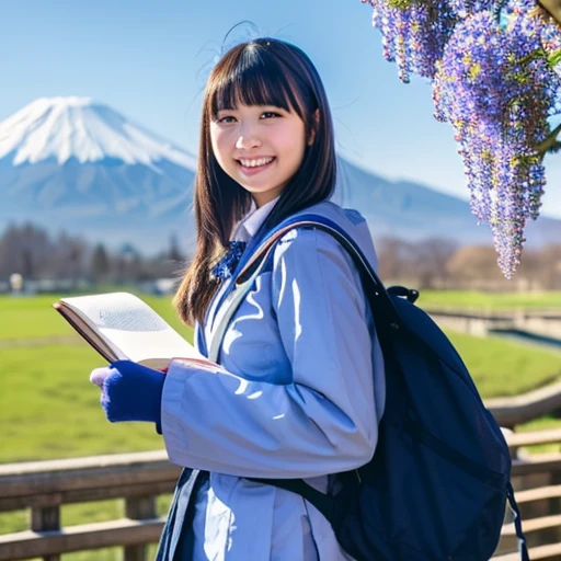 best quality, masterpiece,
outdoors, 

a high school girl with a book and a schoolbag,
wearing a long-sleeved Japanese mitakihara , 
smile, cute, face fully visible, serafuku,


Background,

blue Morning glory, 
(only one large and big mount Fuji:1.2)