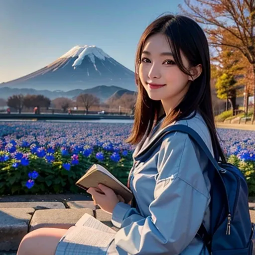 best quality, masterpiece,
outdoors, 

a high school girl with a book and a schoolbag,
wearing a long-sleeved Japanese mitakihara , 
smile, cute, face fully visible, serafuku,


Background,

blue Morning glory, 
(only one large and big mount Fuji:1.2)