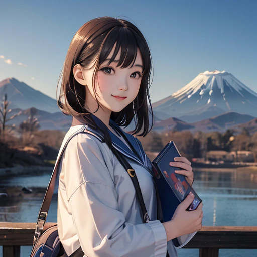 best quality, masterpiece,
outdoors, 

a high school girl with a book and a schoolbag,
wearing a long-sleeved Japanese mitakihara , 
smile, cute, face fully visible, serafuku,


Background,

blue Morning glory, 
(only one large and big mount Fuji:1.2)