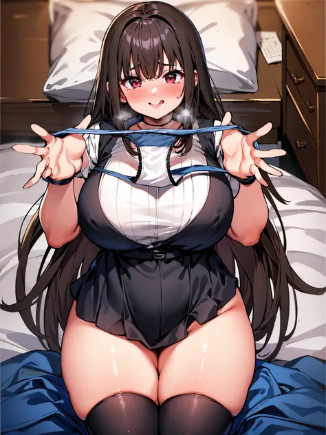 high school girl、Unfold panties with both hands、Plump thighs、Best image quality、High resolution、masterpiece、super high quality、Brown bra、Brown panties、とてもBig Ass、Blushing、4K quality、Thick thighs、Big Ass、Blushed、Big Breasts、Proud face、Wearing black knee soc...