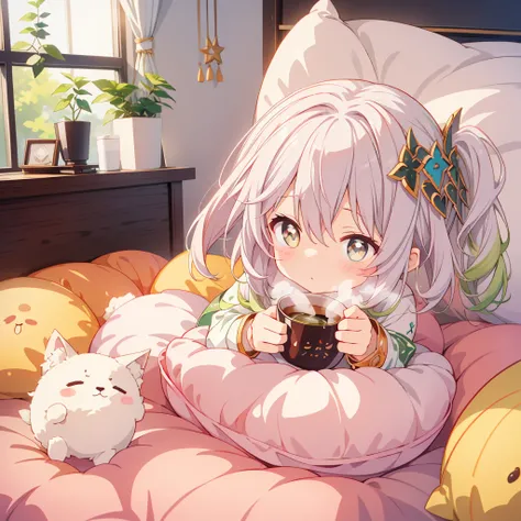 A futon with a fluffy inside of a coffee cup、Fluffy chibi living in a coffee cup、Cute as an angel、A house made of sweets、Yurukyara、PastelColors、Soft light、