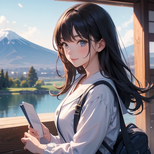 best quality, masterpiece,
outdoors, 

a high school girl with a book and a schoolbag,
wearing a long-sleeved Japanese mitakihara , 
smile, cute, face fully visible, serafuku,


Background,

blue Morning glory, 
(only one large and big mount Fuji:1.2)