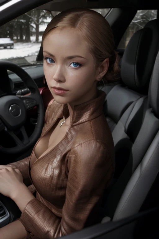 t3rmkl0k, a woman in her car, driving, blue eyed,