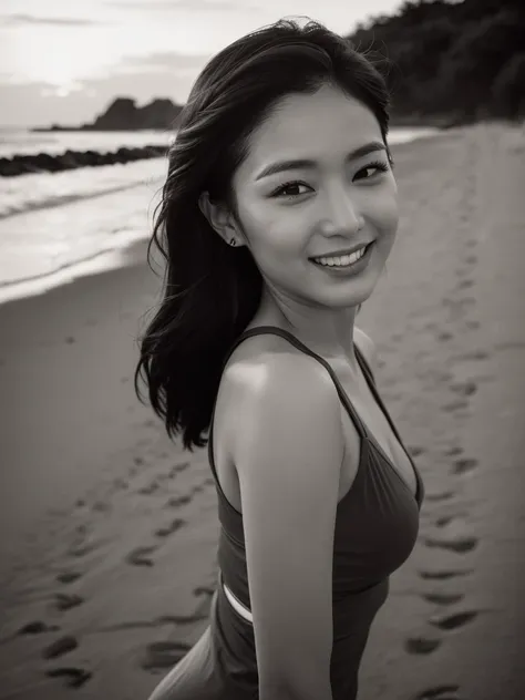 ((Top Quality)), ((8K)), ((Masterpiece: 1.3)), (Perfect Appearance), (Photorealism: 1.6), (grayscale: 1.6), (Japanese woman walking on the beach with the sunset in the background: 1.4), (sandy beach at sunset), (The sea dyed red by the sunset), (The settin...