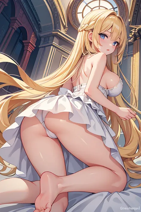 Best image quality, Excellent details, Ultra-high resolution, Best illustrations, Favorite Details, Very condensed one girl, Delicate and beautiful features, Woman with long blonde hair and large breasts in a dress, Trampling on people, from below,from beh...