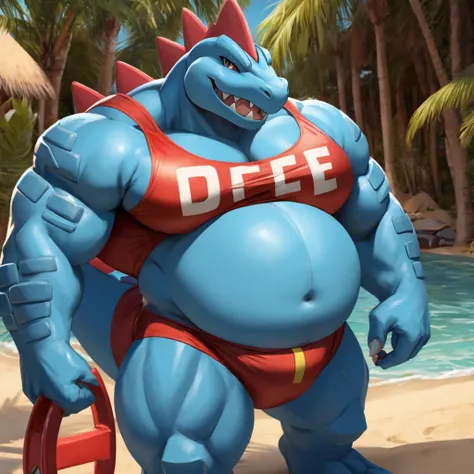 Pokemon Feraligatr, big belly, dressed like a life guard, dominating viewer