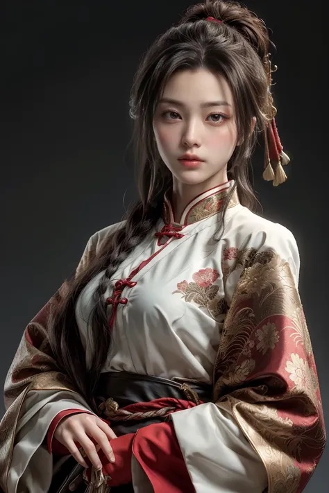 ((masterpiece, highest quality, High resolution, Realistic, born, 8k wallpaper)), Female swordsman in Chinese clothing, Heroes of the Three Kingdoms, (He has a big sword in both hands), She has long black hair tied back, Wearing iron armor and a red cloak,...