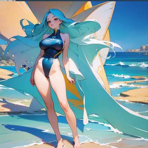 Glamour woman、Large Breasts、High leg swimsuit、The beach is the background、Painting with depth、Full body cut、Over quality、Over-spec、Super cute