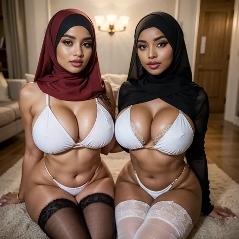 In the intimate settings of living room, (two) voluptuous sexually attractive hourglass figure depraved cute baby faces tween teen (hijabi) (Muslim) 14-years-old schoolgirls knelt side by side on the floor, radiating lust and sexual desire. They share the ...