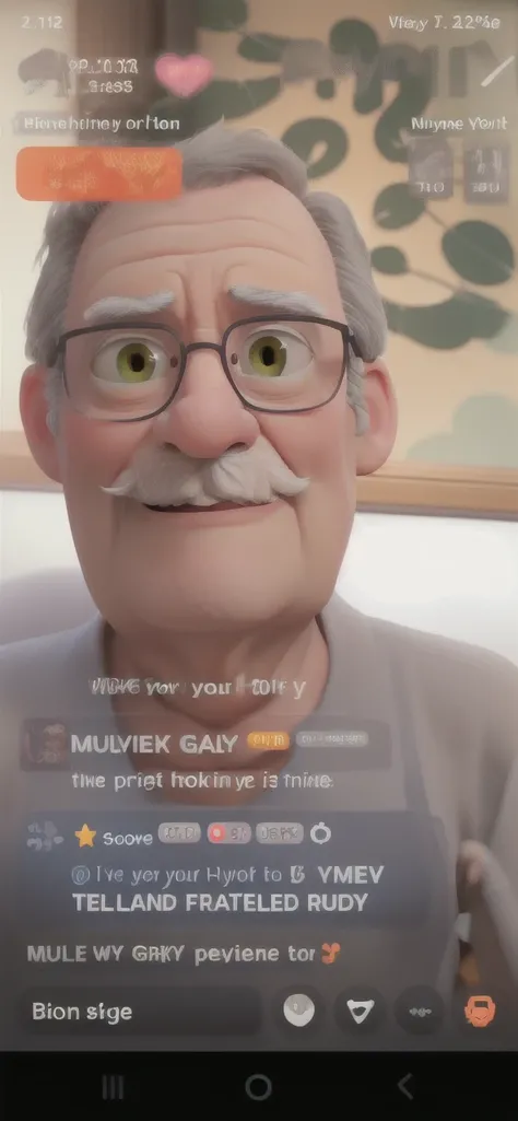 Create a Disney Pixar avatar of a friendly seventy-year-old man with big green eyes and short gray hair or a short gray mustache. ,with a black t-shirt doing live in front of the camera, style  