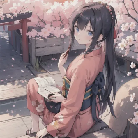 A girl with a katana, wearing a vibrant red kimono, is the main subject of the scene. The girl has striking blue eyes, glossy black hair styled in a traditional Japanese manner, and a determined expression on her face. She is surrounded by cherry blossom t...