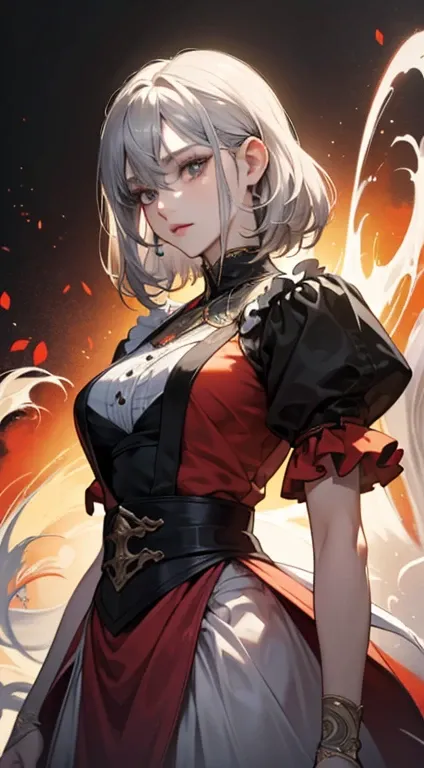 A painting of a woman with gray hair and an orange top, stunning anime face portrait, beautiful character painting, beautiful anime portrait, her image is rendered by red paint, presenting a stunning effect. The painting is very detailed, depicting womens ...