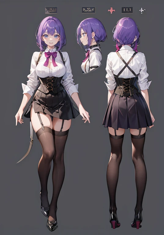 Purple hair,Shortcuts,Adult female,Bartender,((Body harness)),((Rolling up your sleeves shirt)),(Corset),(Tight skirt),((Garter belt)),(Heal),((Simple background)),Smile,((Full body)),((whole body)),Character Sheet,