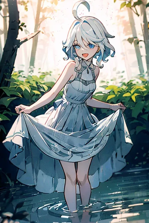 1girl, furina (genshin impact), heterochromia,  (sundress, white dress, sleeveless dress:1.2), bare legs, stream, wading, (skirt hold, curtsey: 1.2), looking at viewer, laughing, forest, depth of field