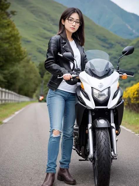 8k、Masterpiece、Ultra HD、highest quality、Ultra-high resolution、Realistic photos、Very beautiful and neat Japanese woman、Very beautiful face、23 years old、Beautiful Skin、Beautiful Eyes、Beautiful black hair、I always wear glasses、Travelling by motorbike、Standing...