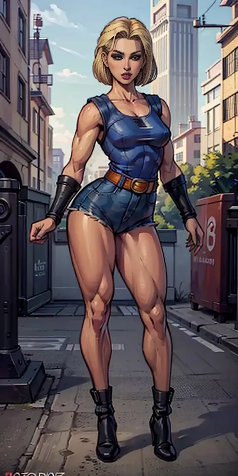 8k, best quality, masterpiece:1.2) (realistic, photo-realistic:1.37) (full body) 1female solo girl, standing, legs apart (wide stance) standing contrapposto, ultra-detailed, cute (Android 18) from DBZ