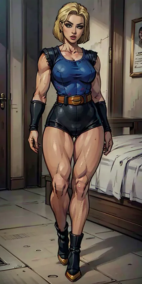 8k, best quality, masterpiece:1.2) (realistic, photo-realistic:1.37) (full body) 1female solo girl, standing, legs apart (wide stance) standing contrapposto, ultra-detailed, cute (Android 18) from DBZ