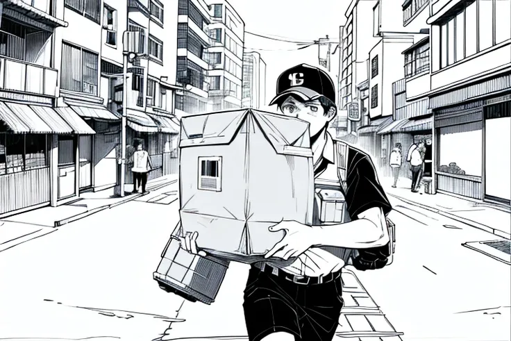 a young man delivering a package, a deliveryman uniform with a collared shirt, backpack, and baseball cap, holding a cardboard box, outdoors, urban environment, dodging pedestrians on a crowded busy street, running, (determined expression), urgency, manga ...