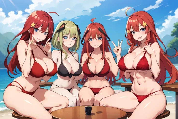 2d, masterpiece, best quality, anime, highly detailed, 5 girl, photo of 5 girl, quintuplets, nakano itsuki, red hair, long hair, star hair ornament, ahoge, large breasts, standing, open-air bath, red bikini, outdoors, smile, abdominal, abs muscular, belly ...