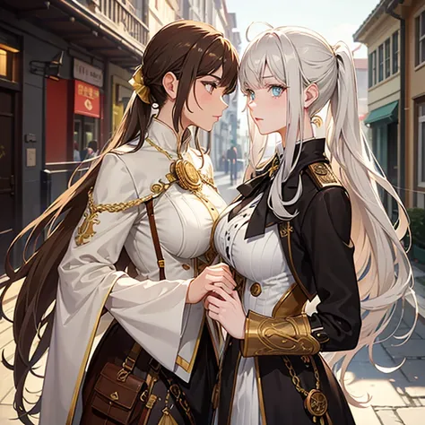 Beautiful tall woman, light complexion, heterochromatic eyes, gray right eye, golden left eye, wavy brown hair in a ponytail, brown and white steampunk clothing