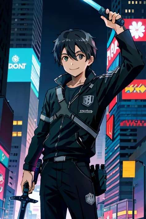 high res, kirito, solo, 1boy, smile, cyberpunk, cityscape, skyscraper, sword, light