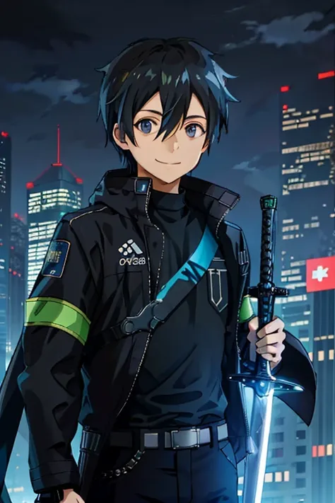 high res, kirito, solo, 1boy, smile, cyberpunk, cityscape, skyscraper, sword, light