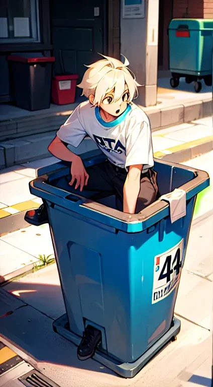 A 24-year-old boy working next to a giant trash can is surprised ((teenager))