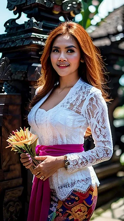 A gorgeous in the gala premier, big breasts, wear balinese kebaya, see other side, 