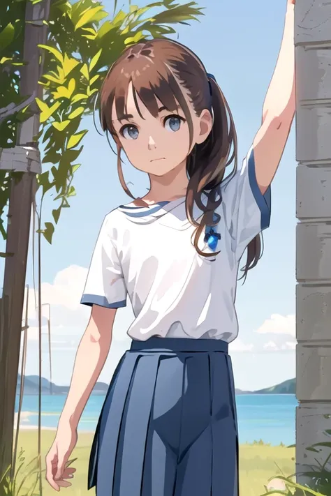 1girl, solo, standing upright, hands down, (from front:2), medium brown hair,  closed mouth, small breasts, flat chest, arms beh...