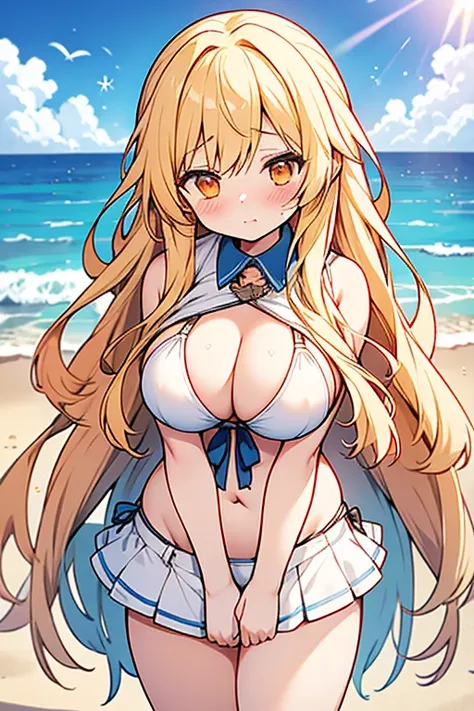 girl、high school student、Blonde、Hair that flies around、long hair、Orange eyes、Thick thighs、（（G-Cup））、Make your breasts bigger、Embarrassing、Blushing（（highest quality））、Anime Style、Emphasize the chest、bikini、Ocean、Rocky area