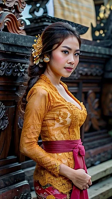 A gorgeous in the gala premier, big breasts, wear balinese kebaya, see other side, pay attention to the detail of face, super fine art, extra sharp quality, 32K, hyper realistic skin texture .